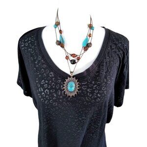 Womens Vintage Copper Filligree Beads and Faux Turquoise 3 Strand Pendant Neckl